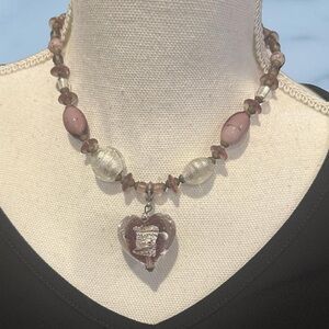 Vintage Hilary London Purple Puff Heart Glass  Pendant and Murano Beads Necklace